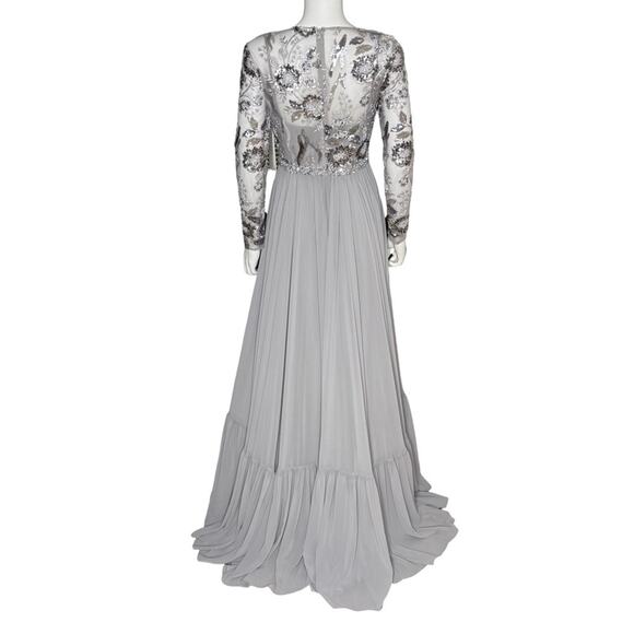 Mac Duggal Beaded Floral Chiffon Skirt Gown Platinum Women’s Sz 2 - Picture 3 of 7